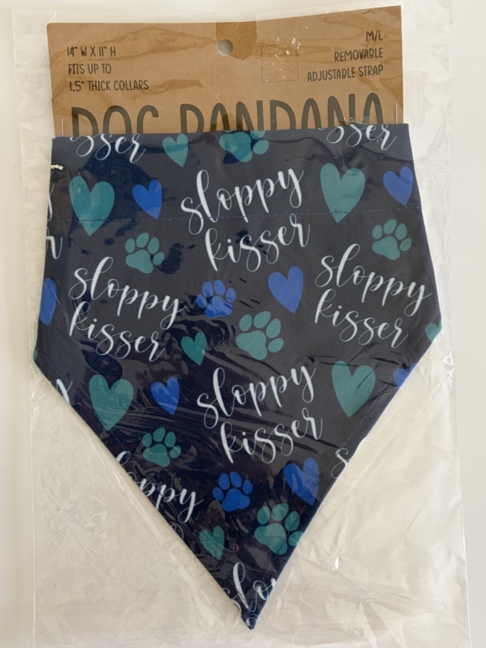 NEW Dog Bandana MED/LG Blue Hearts Paw Prints Removable Adjustable Strap 14x11